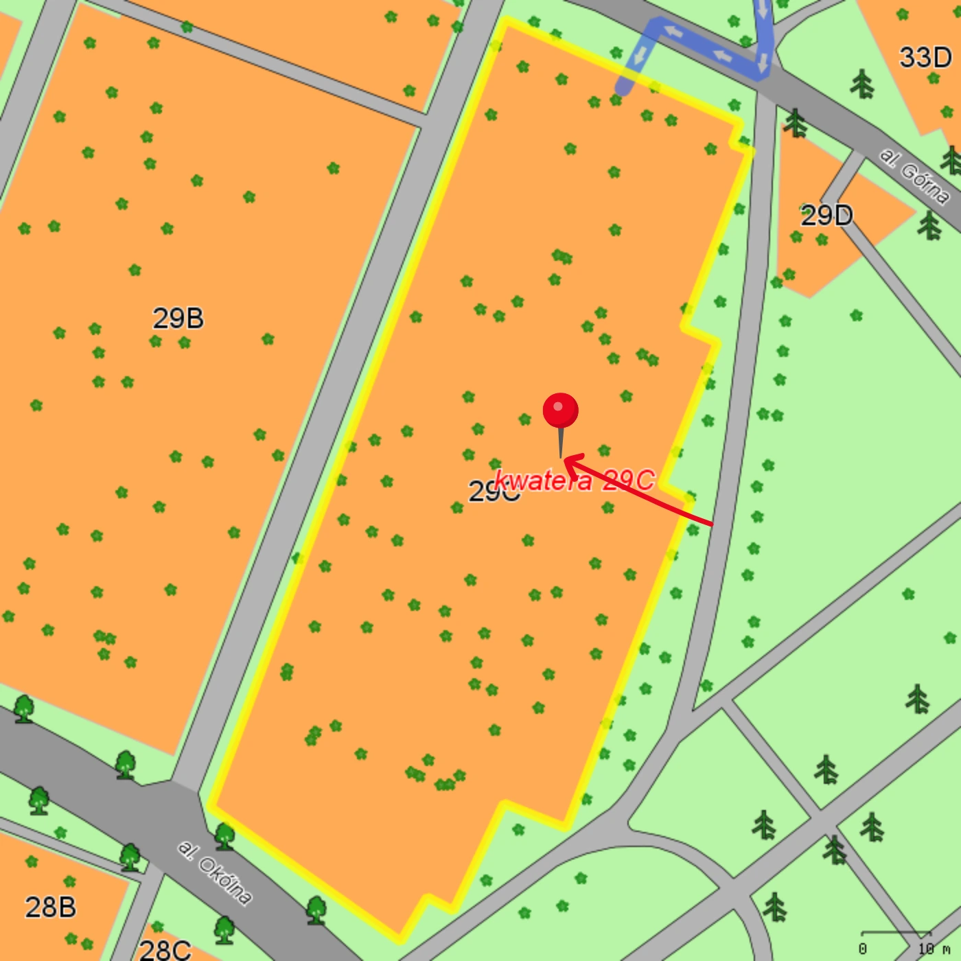 Mapa kwatery 29C z lokalizacją grobu